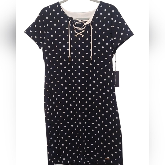 TOMMY HILFIGER -  NWT, Classic Blue & White Polkadot Lace Up Front, Size M - Picture 2 of 7